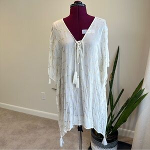 Anthropology Z&L White with gold palm trees Cover-Up kaftan with Tassels medium
